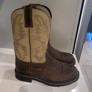 Justin Boots Brown Leather with Tan Embroidered Shaft Western Work Boots